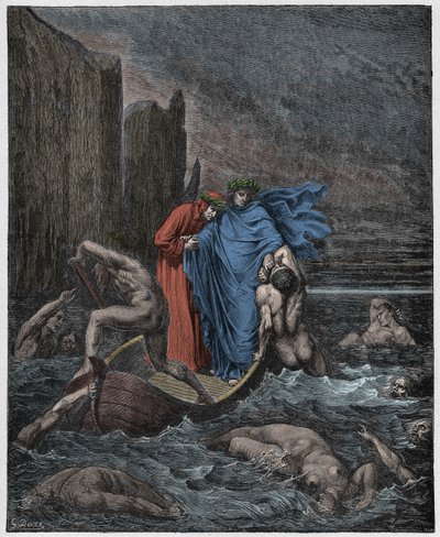 Inferno, Gesang 8: Die Seele des Florentiners Philippo Argenti begegnet den Dichtern auf dem Styx (Illustration aus Die Göttliche Komödie von Dante Alighieri, 1885) von Gustave after Dore